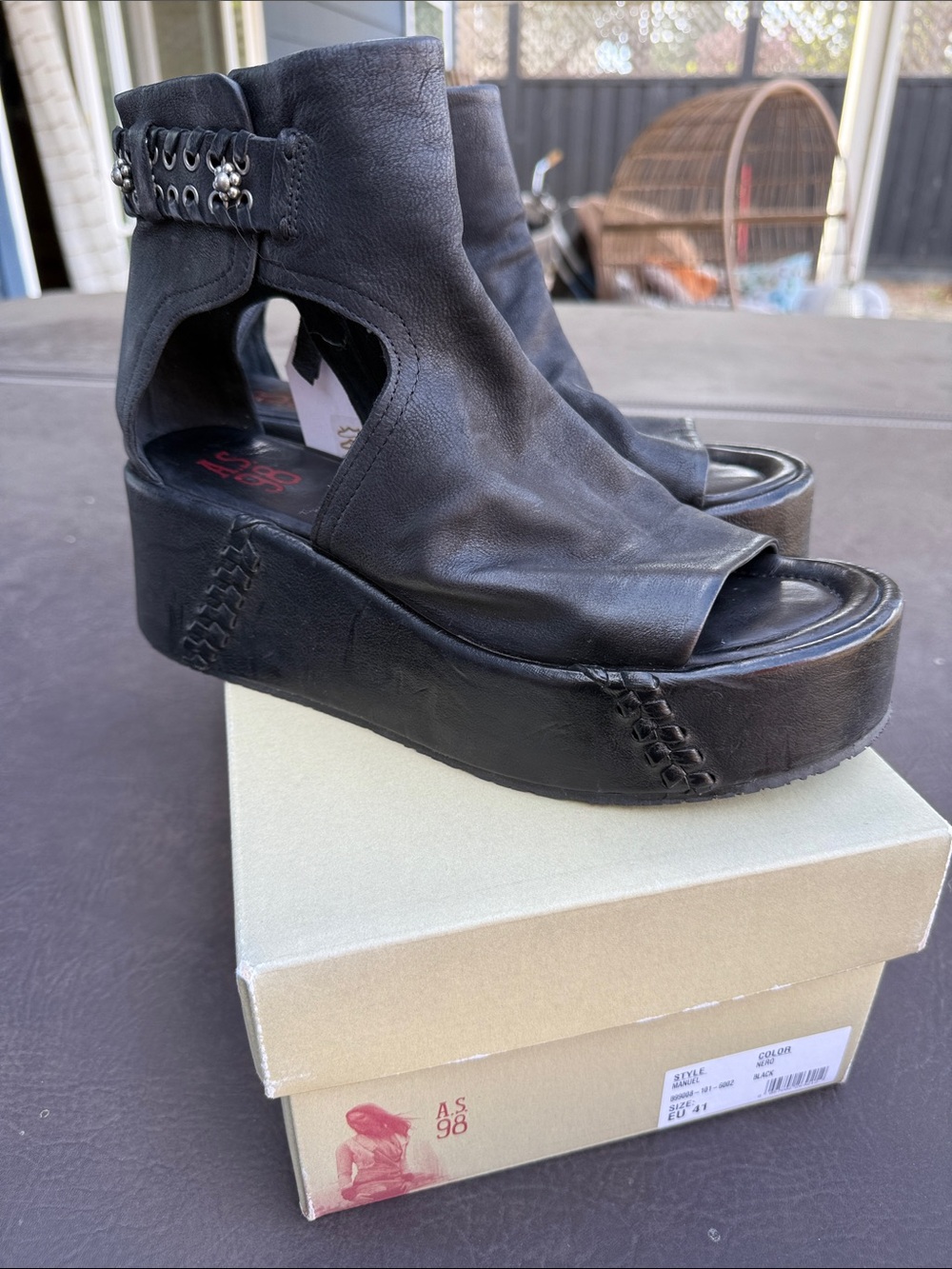 A.S.98 Black Leather Platform Open-Toe Ankle Sandals 10 / 41 Manuel